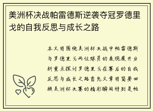 美洲杯决战帕雷德斯逆袭夺冠罗德里戈的自我反思与成长之路
